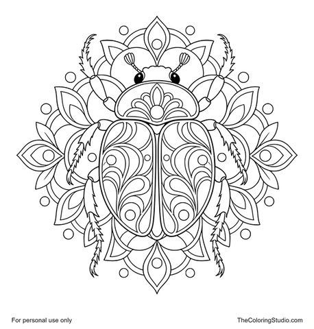Top-view scarab mandala with six mirrored legs, paired wing cases, and layered ornamental patterns.