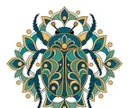 Top-view scarab mandala with six mirrored legs, paired wing cases, and layered ornamental patterns.