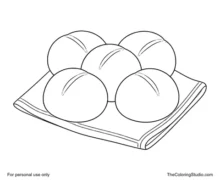 Five golden dinner rolls arranged on a folded cream napkin in a simple Thanksgiving food illustration.