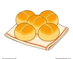 Five golden dinner rolls arranged on a folded cream napkin in a simple Thanksgiving food illustration.