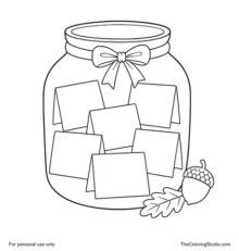 Clear gratitude jar with six folded notes, terracotta ribbon, one acorn, and one olive-green leaf.