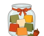Clear gratitude jar with six folded notes, terracotta ribbon, one acorn, and one olive-green leaf.