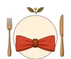 Top-down Thanksgiving place setting with cream plate, terracotta napkin, fork, knife, and small autumn sprig.