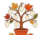 Tabletop Thanksgiving thankful tree in a terracotta planter with eight blank leaf-shaped gratitude tags.