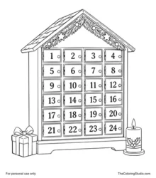 Traditional wooden Advent calendar with 24 numbered doors, evergreen trim, a gift box and candle.
