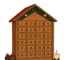 Traditional wooden Advent calendar with 24 numbered doors, evergreen trim, a gift box and candle.