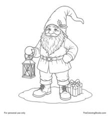 Traditional Scandinavian Christmas nisse holding a lantern beside one wrapped gift on snow.