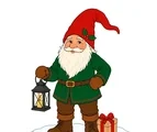 Traditional Scandinavian Christmas nisse holding a lantern beside one wrapped gift on snow.