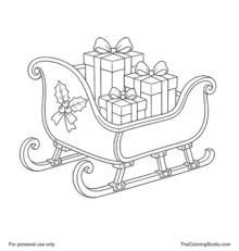 Traditional Christmas sleigh with three wrapped gifts, holly decoration and curved runners on snow.