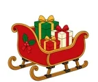 Traditional Christmas sleigh with three wrapped gifts, holly decoration and curved runners on snow.