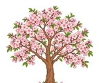 Cherry blossom tree with spreading branches, clustered five-petaled flowers, green leaves, and a few fallen petals.
