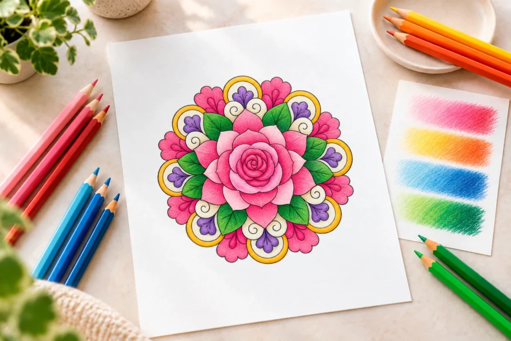 Rose Blossom Floral Mandala colored with blended colored pencils on a creative workspace.