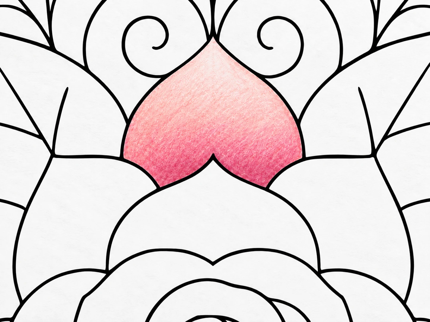 Smooth pink colored pencil blend transitioning from a darker base to a lighter top on a mandala petal.