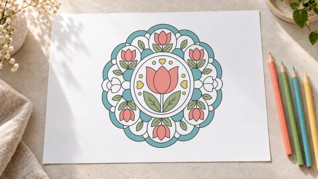 Partially colored Tulip Petal Circle Mandala with colored pencils on a bright creative workspace.