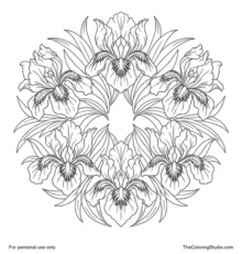 Iris floral mandala with six violet blooms and long green sword leaves arranged in a balanced radial fan.