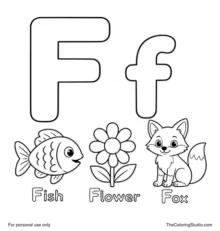 Uppercase F and lowercase f with a fish, flower, and fox in an educational coloring page.