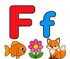 Uppercase F and lowercase f with a fish, flower, and fox in an educational coloring page.