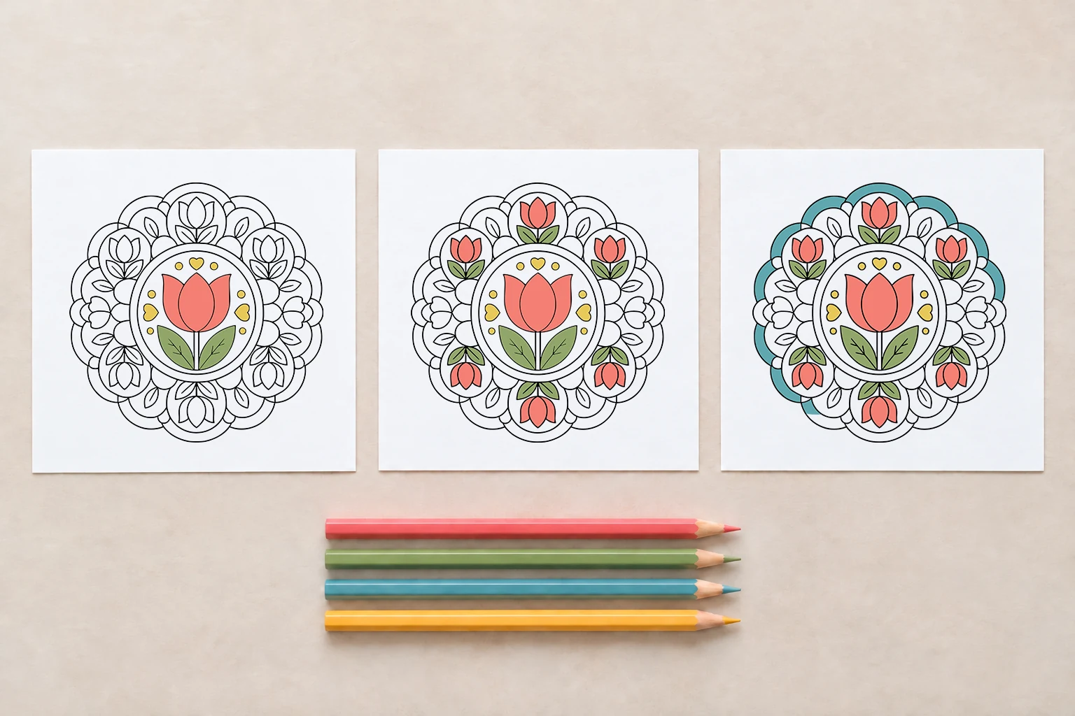 Three stages of the Tulip Petal Circle Mandala progressing from the central flower to repeated tulips and the outer rounded ring.