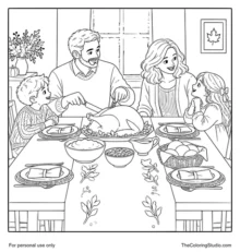 Family of four gathered around a Thanksgiving dinner table with turkey, side dishes, and four place settings.