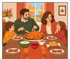 Family of four gathered around a Thanksgiving dinner table with turkey, side dishes, and four place settings.