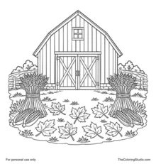 Red harvest barn with wheat sheaves, corn, fallen autumn leaves, a short fence, and a harvested field strip.