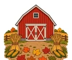Red harvest barn with wheat sheaves, corn, fallen autumn leaves, a short fence, and a harvested field strip.