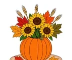 Pumpkin vase centerpiece with three sunflowers, wheat stems, autumn leaves, and two loose leaves on a small mat.